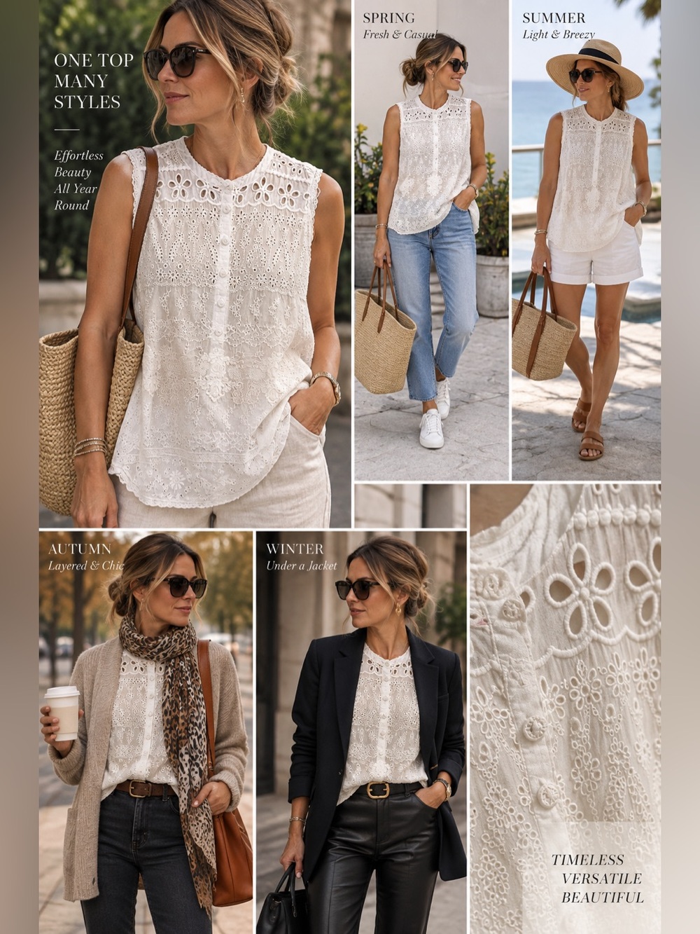 Johnny Was  off- White Cupra Rayon Spear Tank Eyelet Embroidered Top M